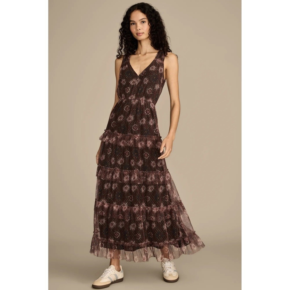 Lucky Brand Floral Sheer Mesh Peasant Maxi Dress Size XS‎ Tiered Cottage Prairie